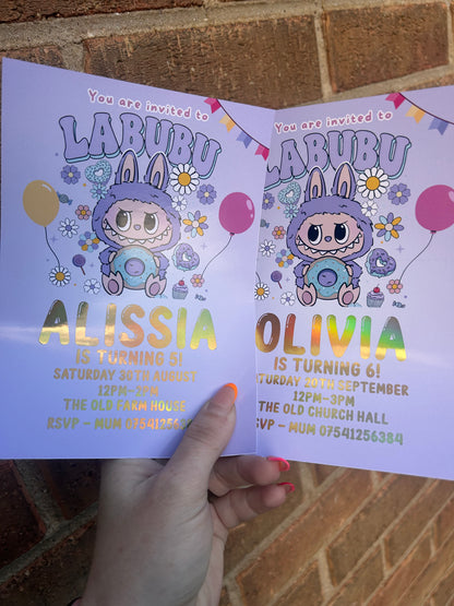 A5 Purple Labubu birthday invites