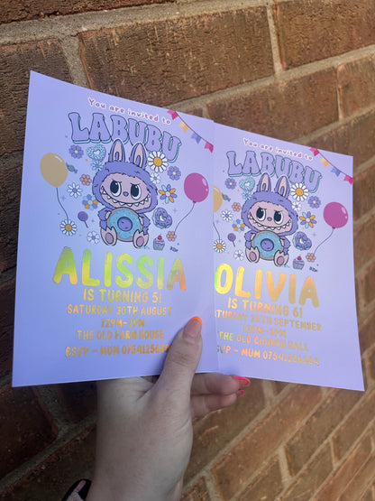 A5 Purple Labubu birthday invites