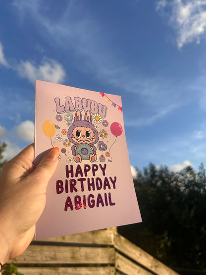 Purple Labubu Birthday Card 5x7 –  Gold holographic Foil Finish | Cute Designer Greeting Card | Handmade Kawaii Art Toy Birthday Card