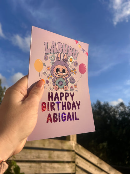 Purple Labubu Birthday Card 5x7 –  Gold holographic Foil Finish | Cute Designer Greeting Card | Handmade Kawaii Art Toy Birthday Card