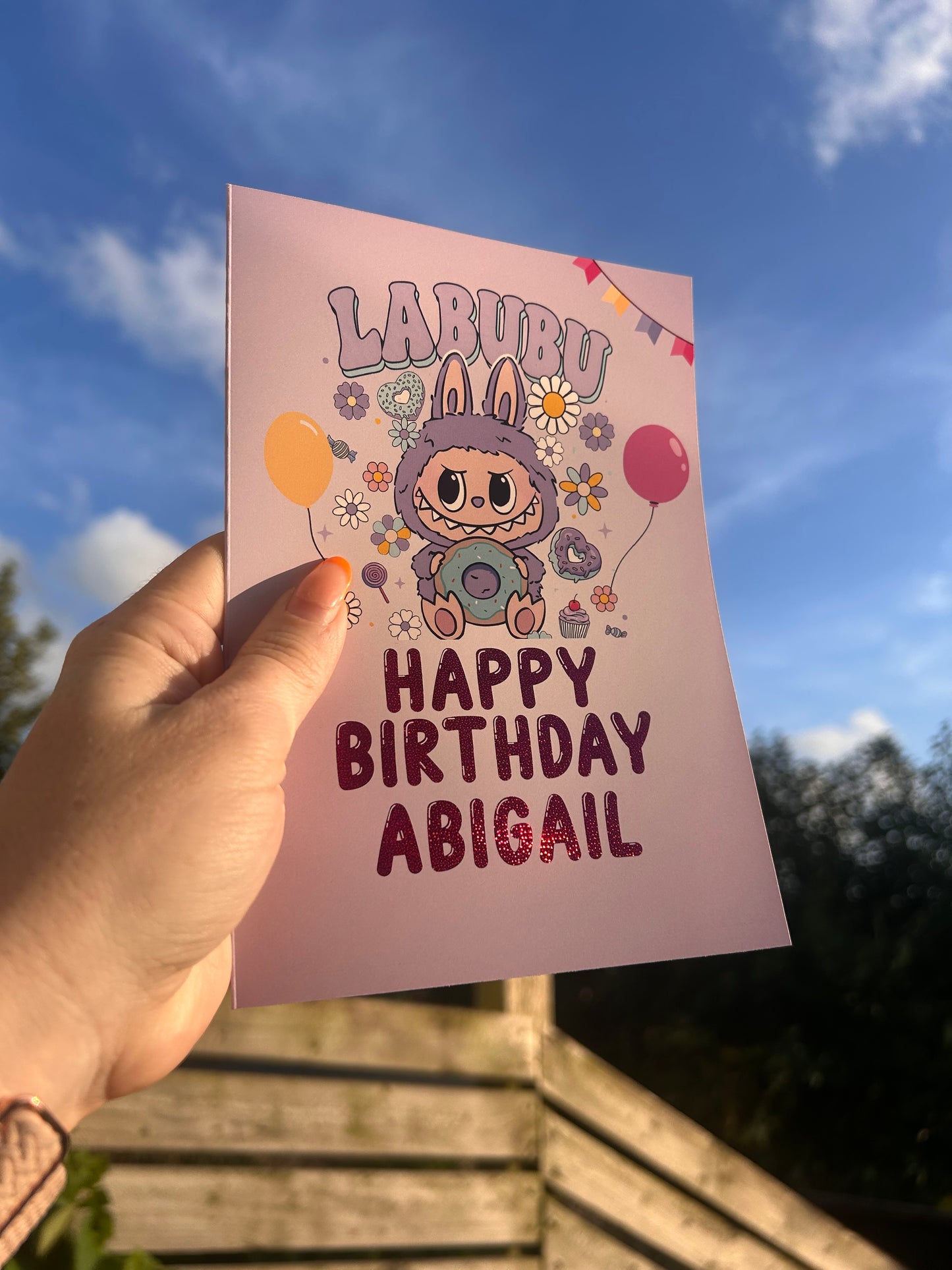 Purple Labubu Birthday Card 5x7 –  Gold holographic Foil Finish | Cute Designer Greeting Card | Handmade Kawaii Art Toy Birthday Card