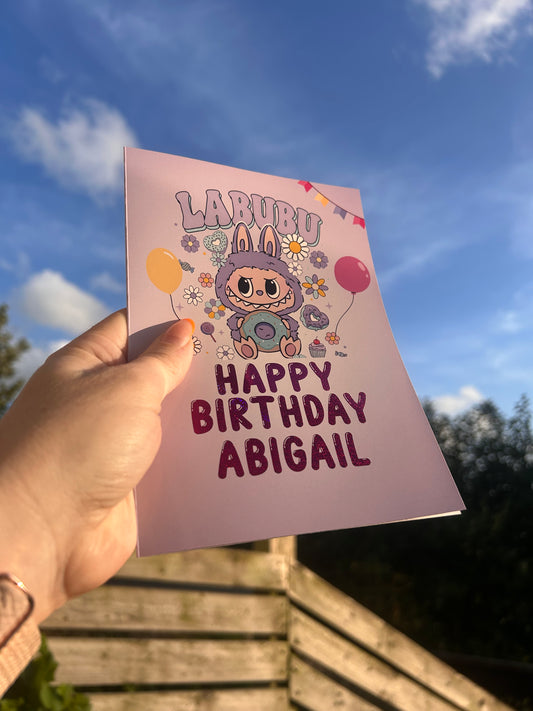 Purple Labubu Birthday Card 5x7 –  Gold holographic Foil Finish | Cute Designer Greeting Card | Handmade Kawaii Art Toy Birthday Card