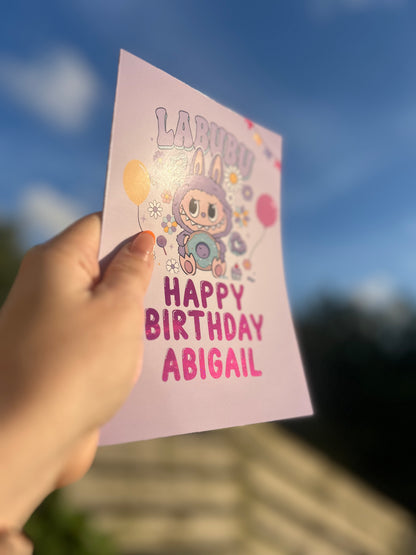 Purple Labubu Birthday Card 5x7 –  Gold holographic Foil Finish | Cute Designer Greeting Card | Handmade Kawaii Art Toy Birthday Card