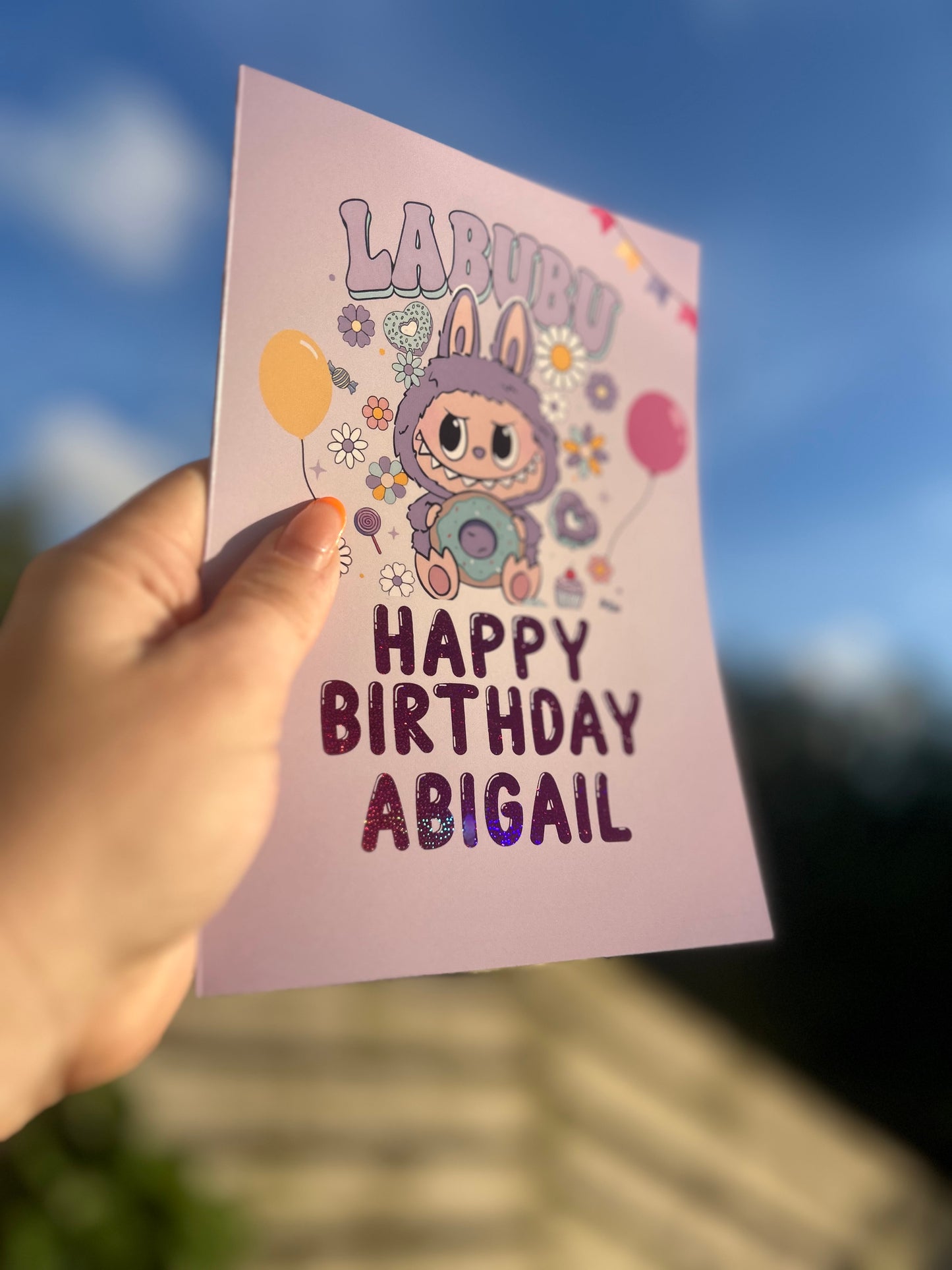 Purple Labubu Birthday Card 5x7 –  Gold holographic Foil Finish | Cute Designer Greeting Card | Handmade Kawaii Art Toy Birthday Card