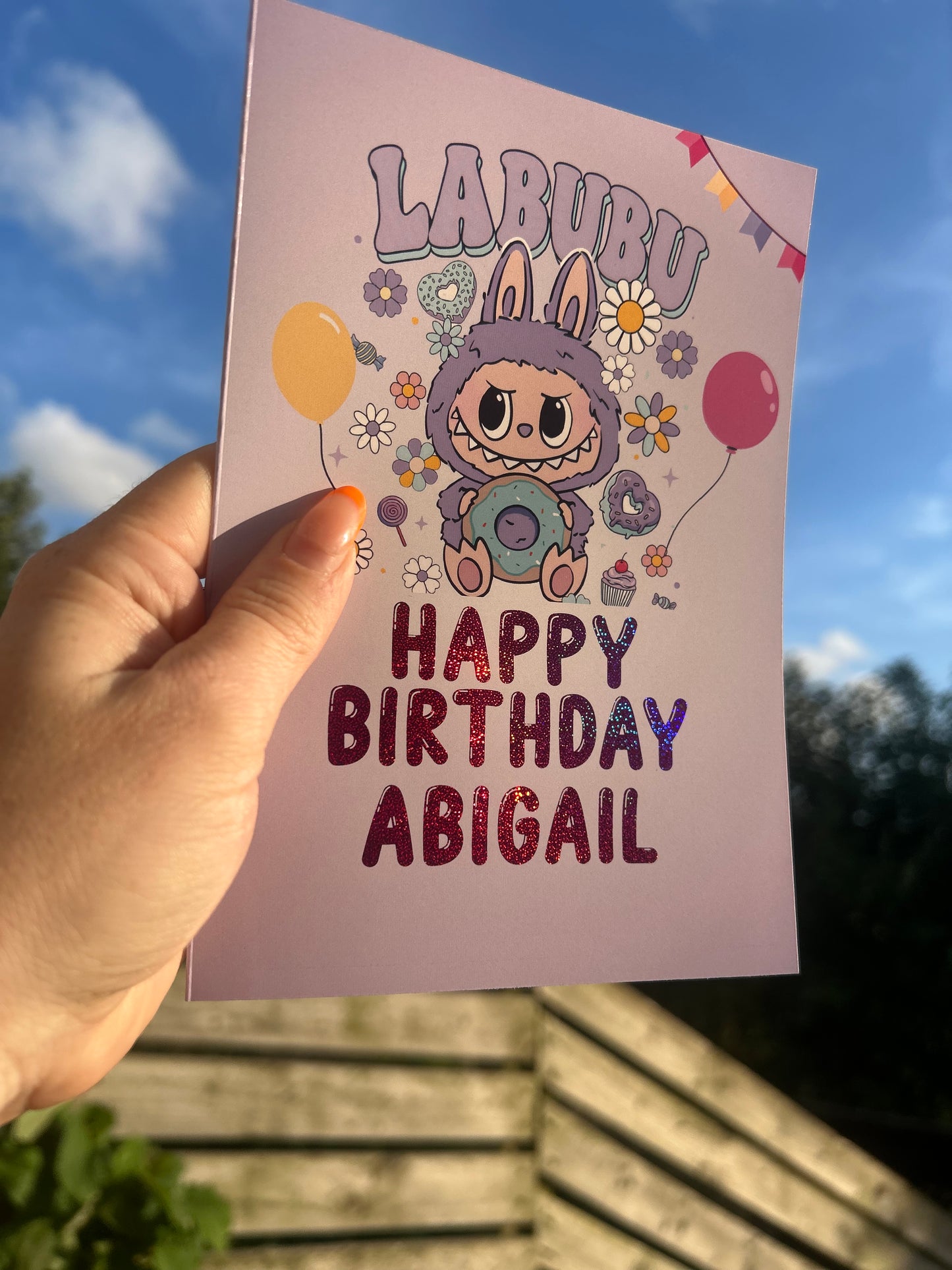 Purple Labubu Birthday Card 5x7 –  Gold holographic Foil Finish | Cute Designer Greeting Card | Handmade Kawaii Art Toy Birthday Card
