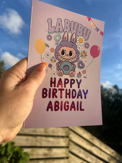 Purple Labubu Birthday Card 5x7 –  Gold holographic Foil Finish | Cute Designer Greeting Card | Handmade Kawaii Art Toy Birthday Card