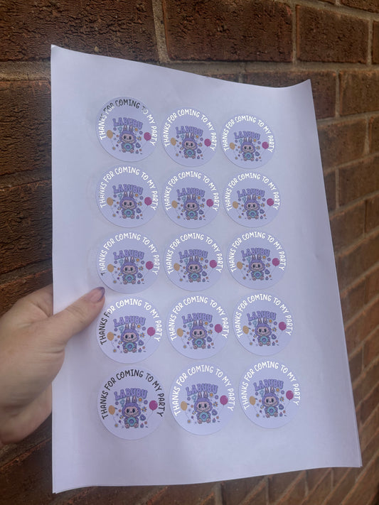 Labubu 2 inch silver foil party sticker for goodie bags
