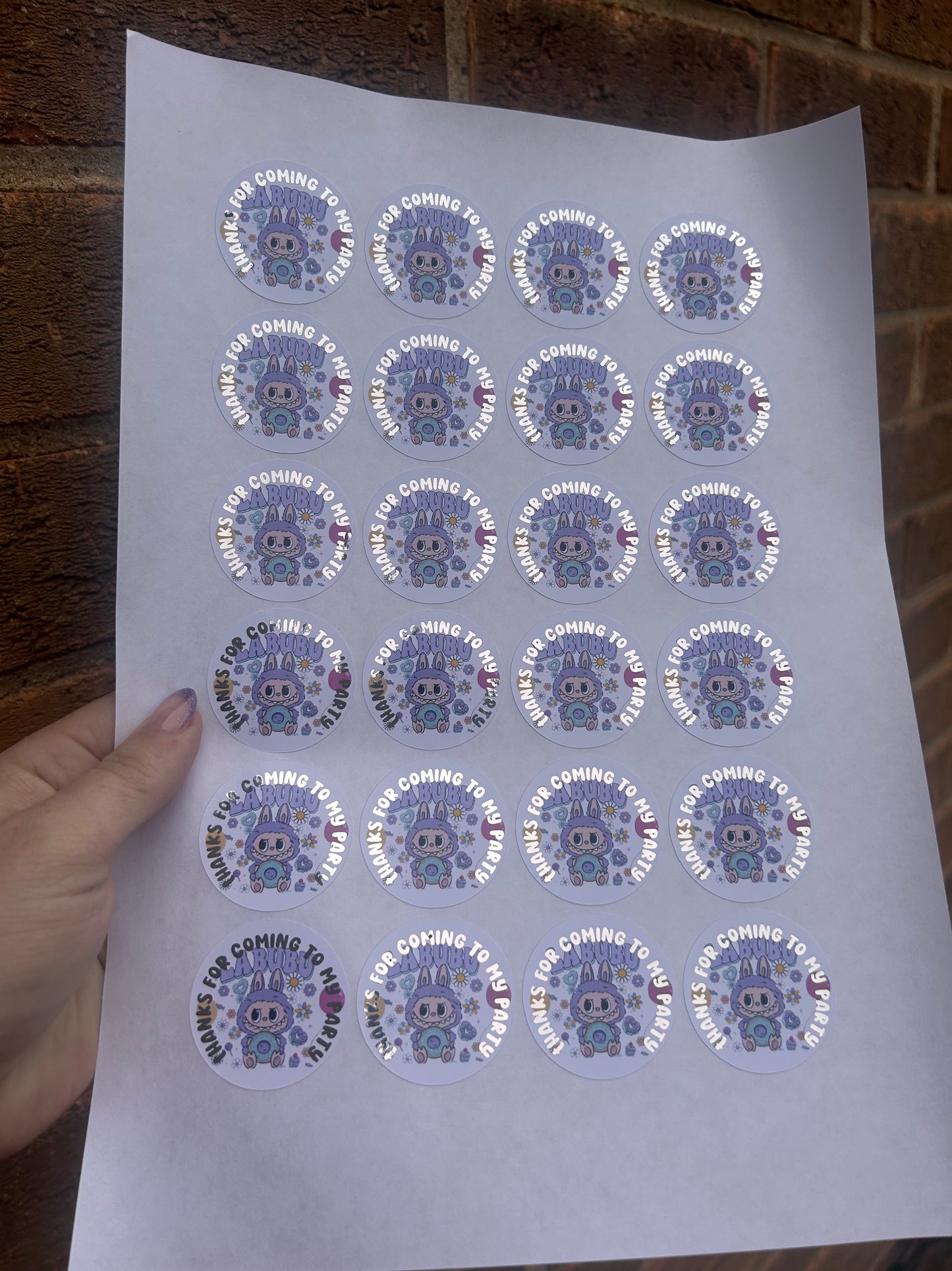 ✨ Labubu “Thanks for Coming to My Party” Stickers – 1.5 Inch Silver Foil ✨