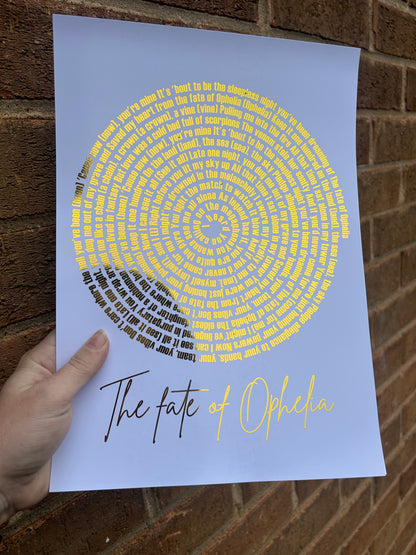 “Ophelia” Inspired Gold Foil Print | A4 Personalised Lyric Art | Taylor-Inspired Wall Decor
