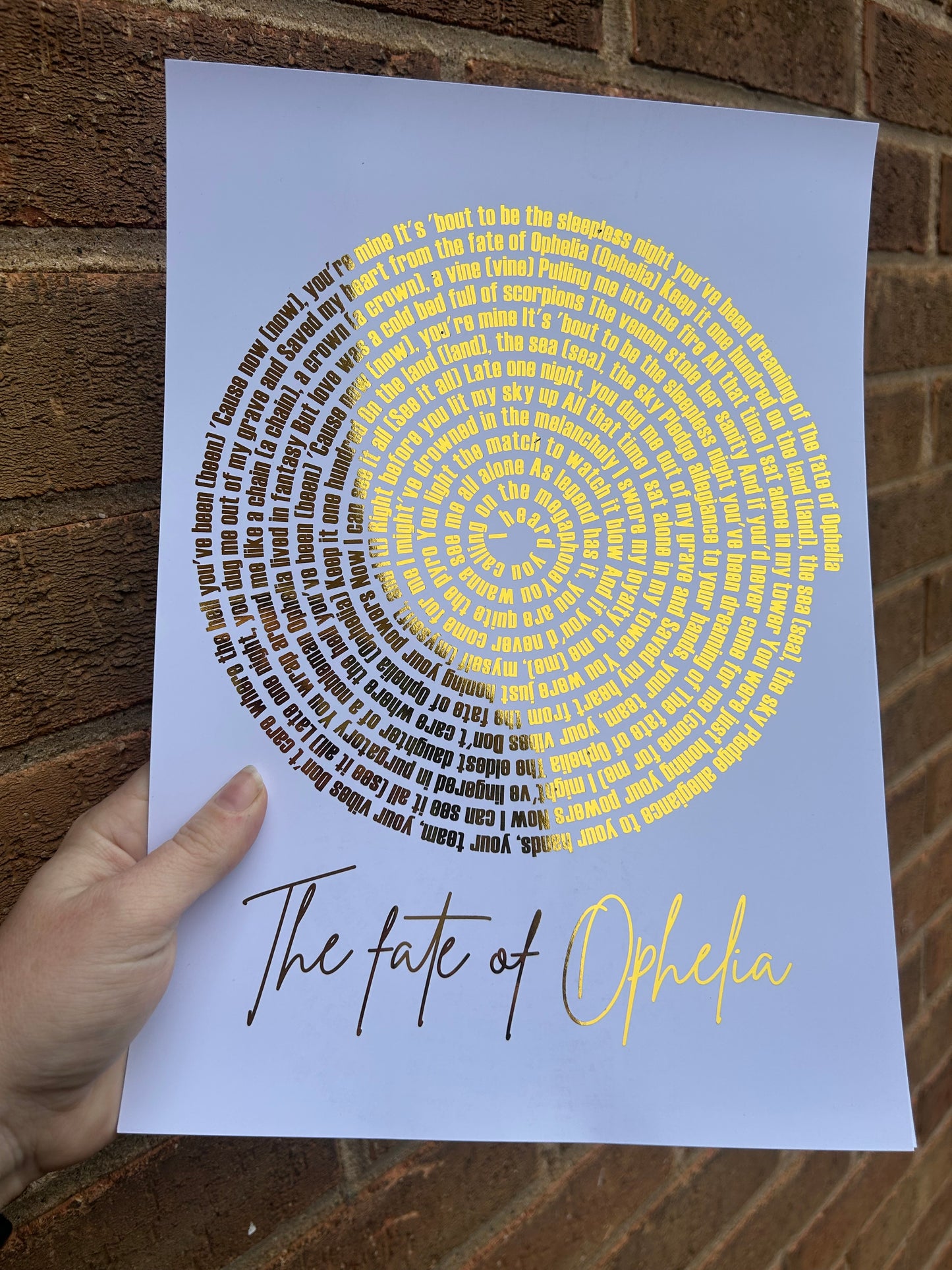 “Ophelia” Inspired Gold Foil Print | A4 Personalised Lyric Art | Taylor-Inspired Wall Decor