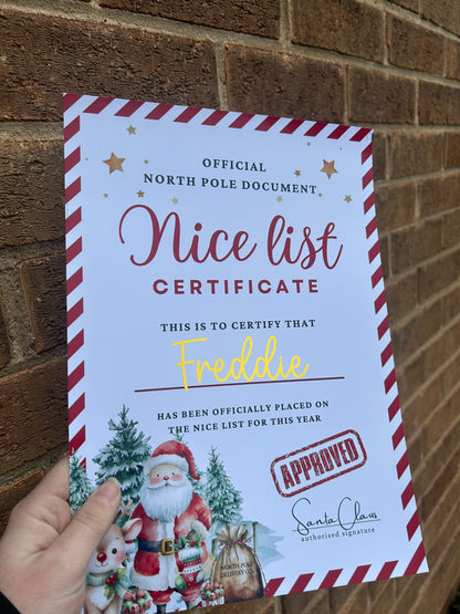 Personalised Santa’s Nice List Certificate | A4 Gold Foil Christmas Print | Custom Name Keepsake