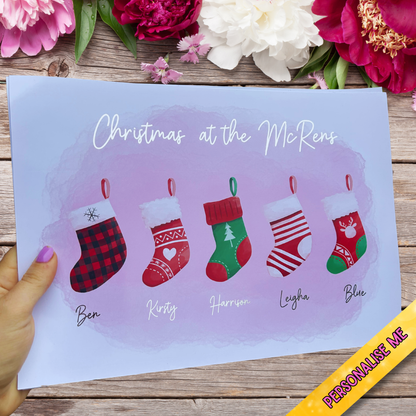 A4 family name Christmas stocking wall art with silver foil finish
