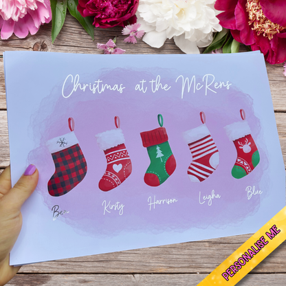 Personalised silver foil Christmas stocking print on white background