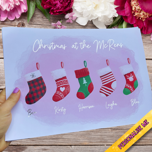 Personalised silver foil Christmas stocking print on white background