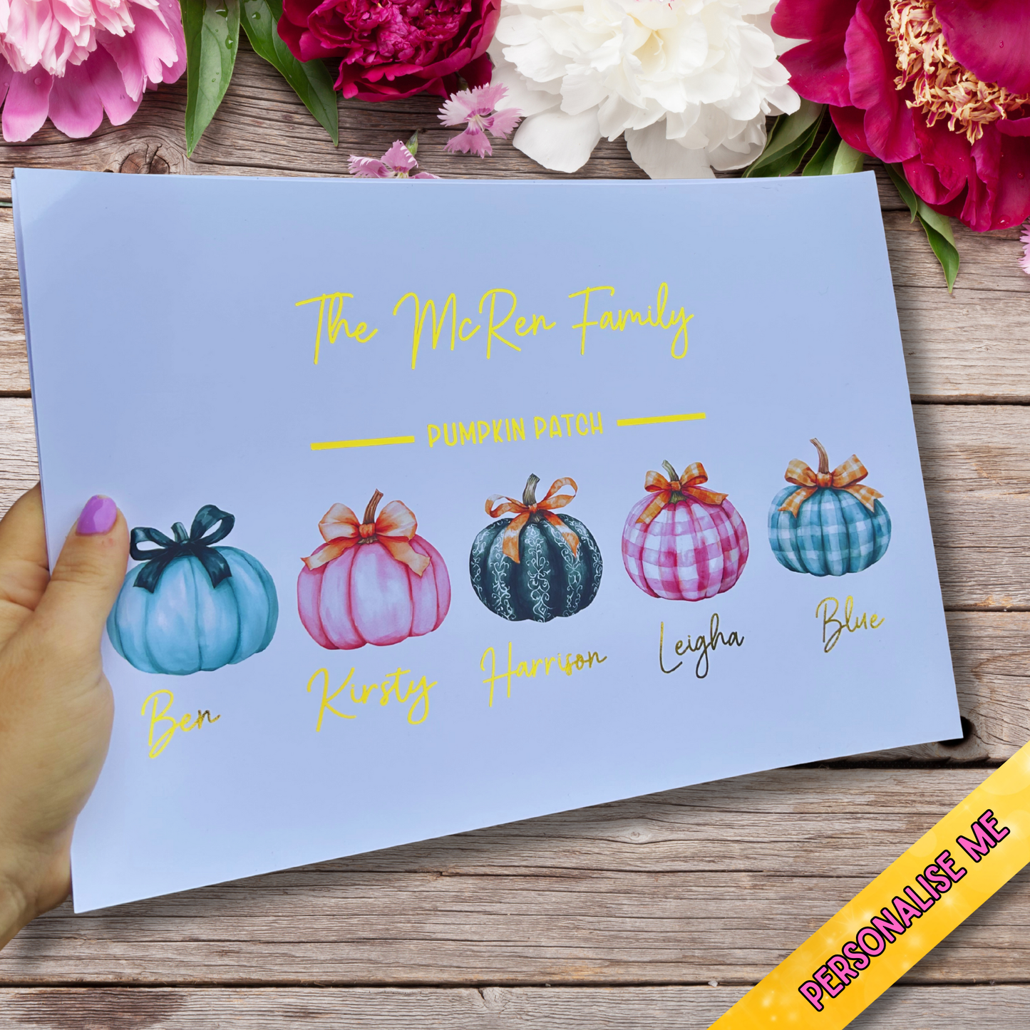 A4 pumpkin print personalised with family names in shimmering gold foil
