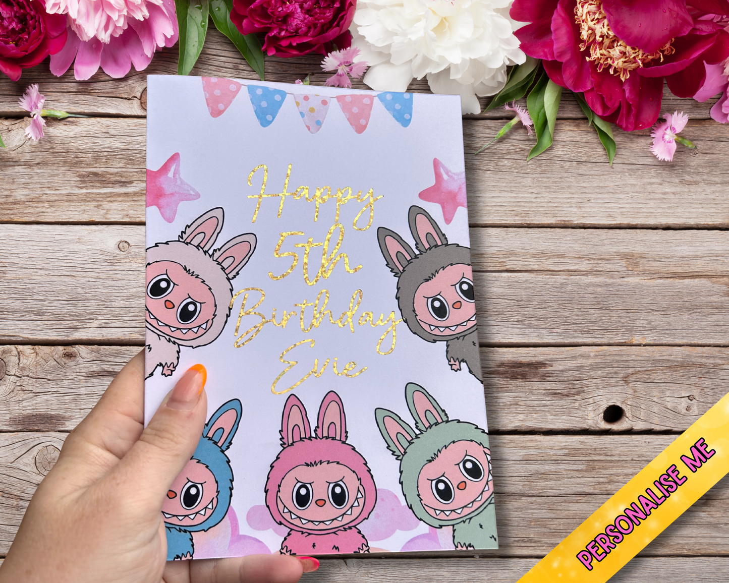 Labubu Birthday Card 5x7 – Glitter Gold Foil Finish | Cute Designer Greeting Card | Handmade Kawaii Art Toy Birthday Card