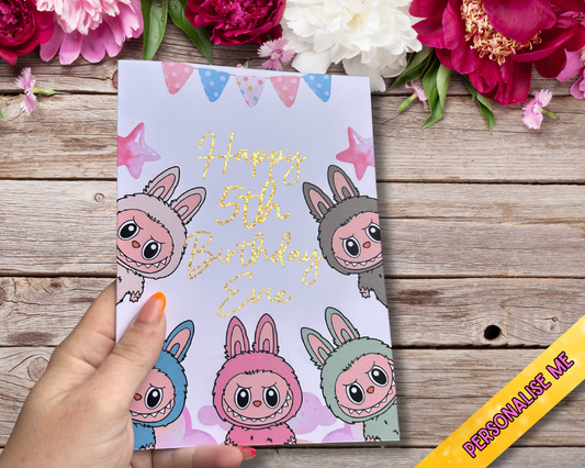Labubu Birthday Card 5x7 – Glitter Gold Foil Finish | Cute Designer Greeting Card | Handmade Kawaii Art Toy Birthday Card