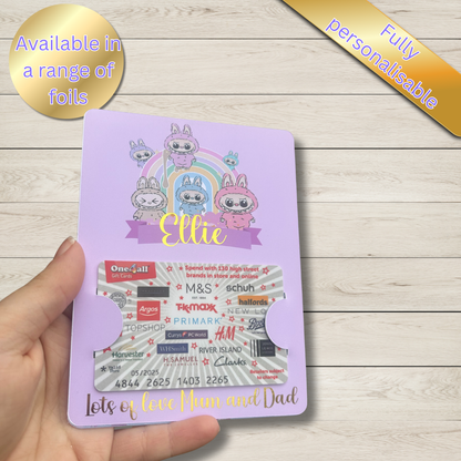 personalised labubu gift card holder with gold foil
