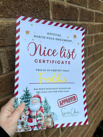 personalised santa nice list gold foil certificate A4