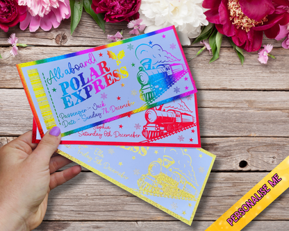 Personalised Polar Express Gift Ticket | Foiled Christmas Ticket | Gold Red or Rainbow Glitter Foil | 20x9cm Kids Keepsake