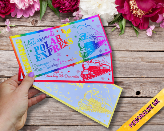 Personalised Polar Express Gift Ticket | Foiled Christmas Ticket | Gold Red or Rainbow Glitter Foil | 20x9cm Kids Keepsake