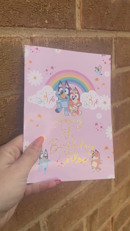 Bluey Birthday Card 5x7 – Glitter Gold Foil Finish | Cute Designer Greeting Card | Handmade Birthday Card