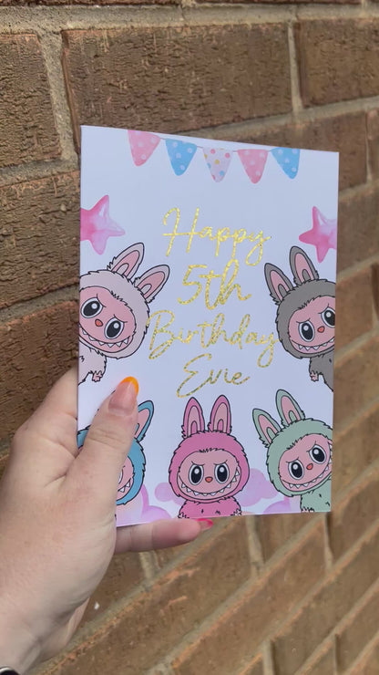 Labubu Birthday Card 5x7 – Glitter Gold Foil Finish | Cute Designer Greeting Card | Handmade Kawaii Art Toy Birthday Card