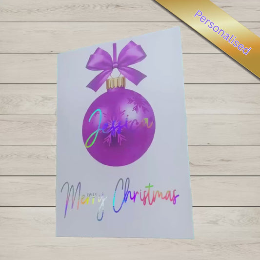 Personalised bauble Christmas Card — Silver holographic 5x7