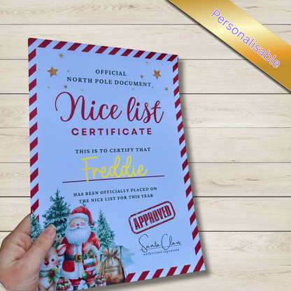 Personalised Santa’s Nice List Certificate | A4 Gold Foil Christmas Print | Custom Name Keepsake